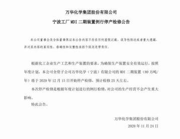 万华化学宁波工厂MDI二期装置例行停产检修