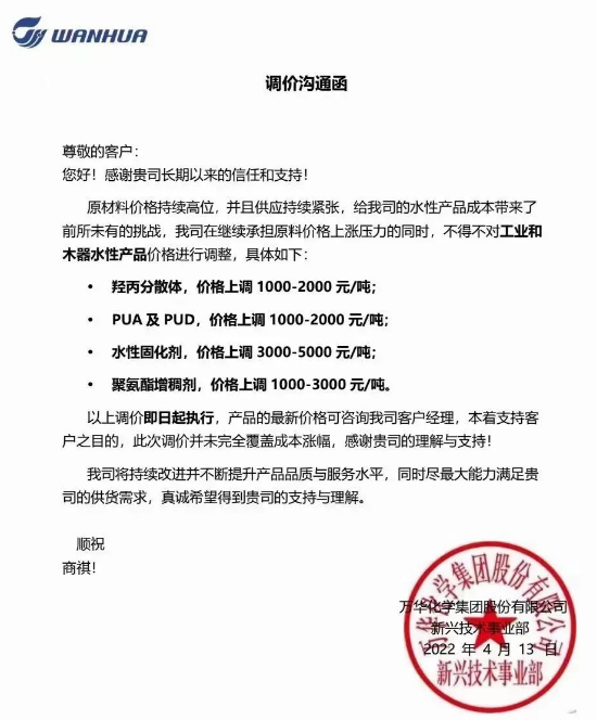 又涨！万华上调4种水性产品价格，最高上涨5000元/吨